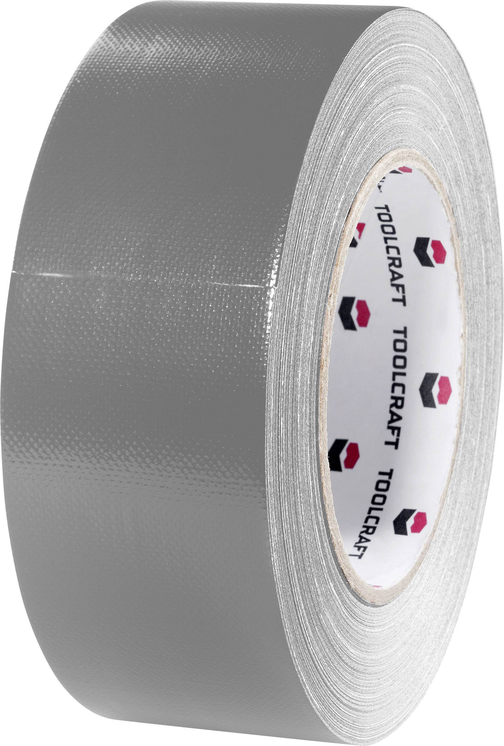 Eine Rolle silbernes Klebeband mit der Aufschrift 'Toolcraft' innen auf dem Kartonring.
