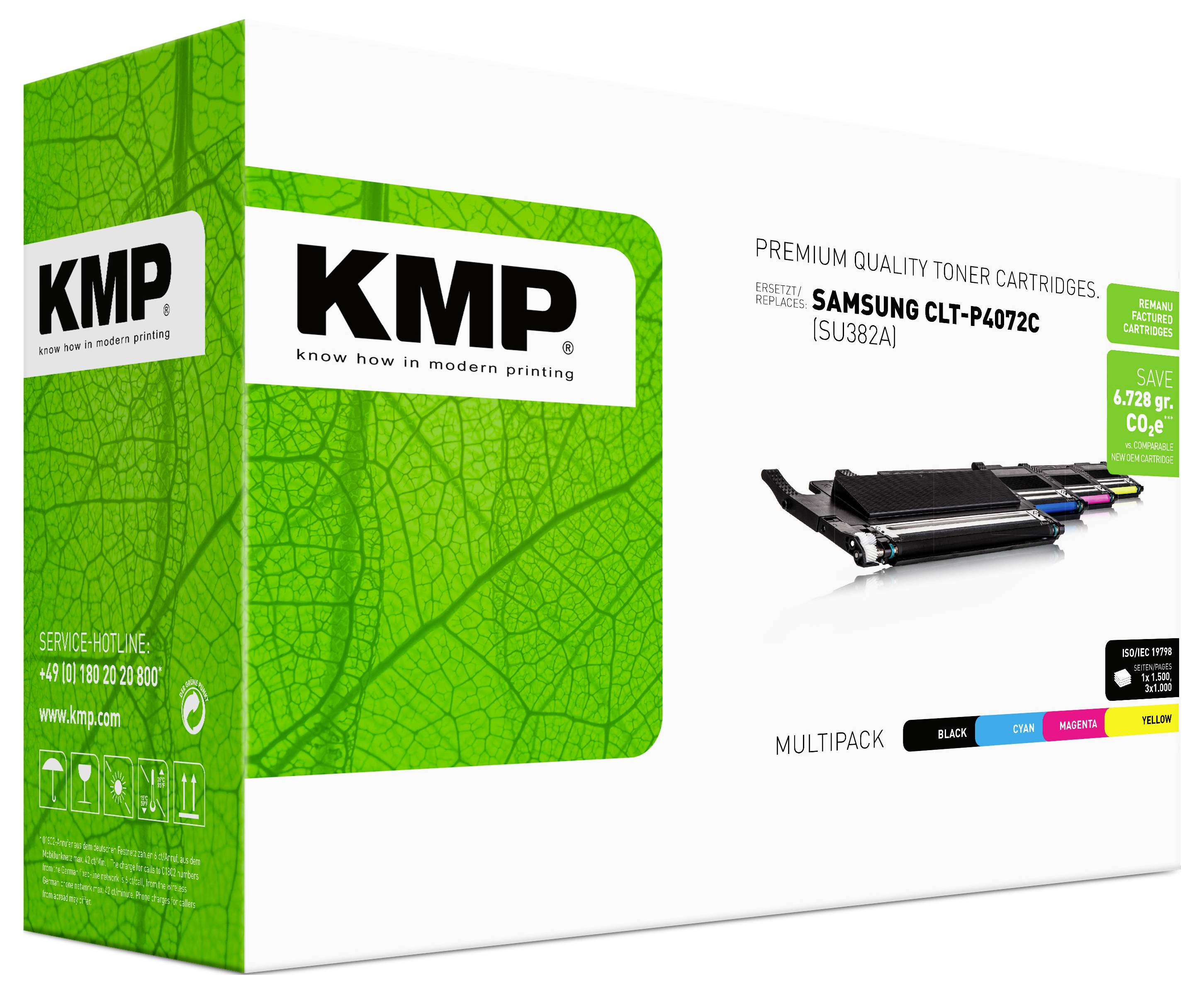 KMP Premium-Qualität Tonerkartuschen-Verpackung für Samsung CLT-P4072C, dargestellt in einer weiß-grünen Schachtel mit Produktabbildung und Multipack-Etikett.