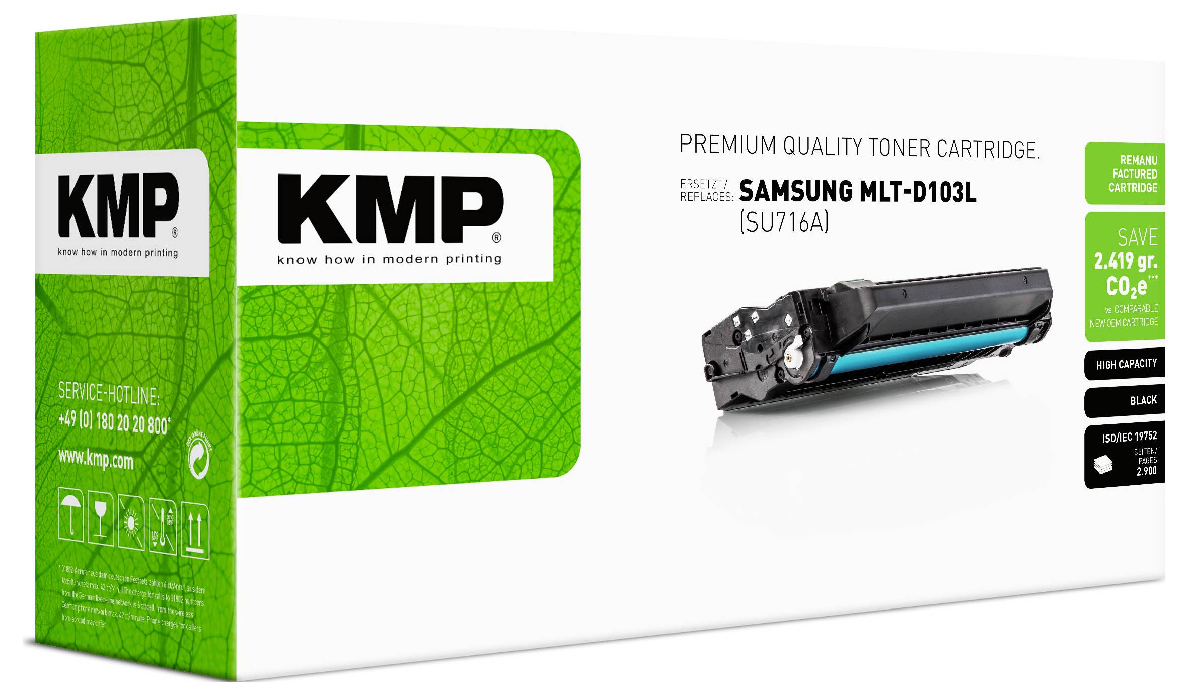 KMP Premium Tonerkartusche für Samsung MLTD103L, dargestellt mit schwarzem Kartuschenabbild und grünen Öko-Spar-Etiketten.