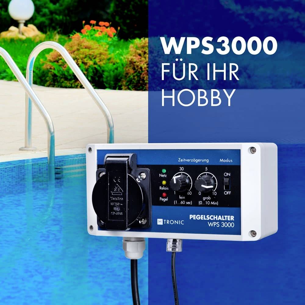 Ein Pool mit Treppe. Ein Pegelschaltergerät von 'Tronic' mit Text 'WPS3000 für Ihr Hobby'. Gerät zeigt Bedienknöpfe und Kabel.