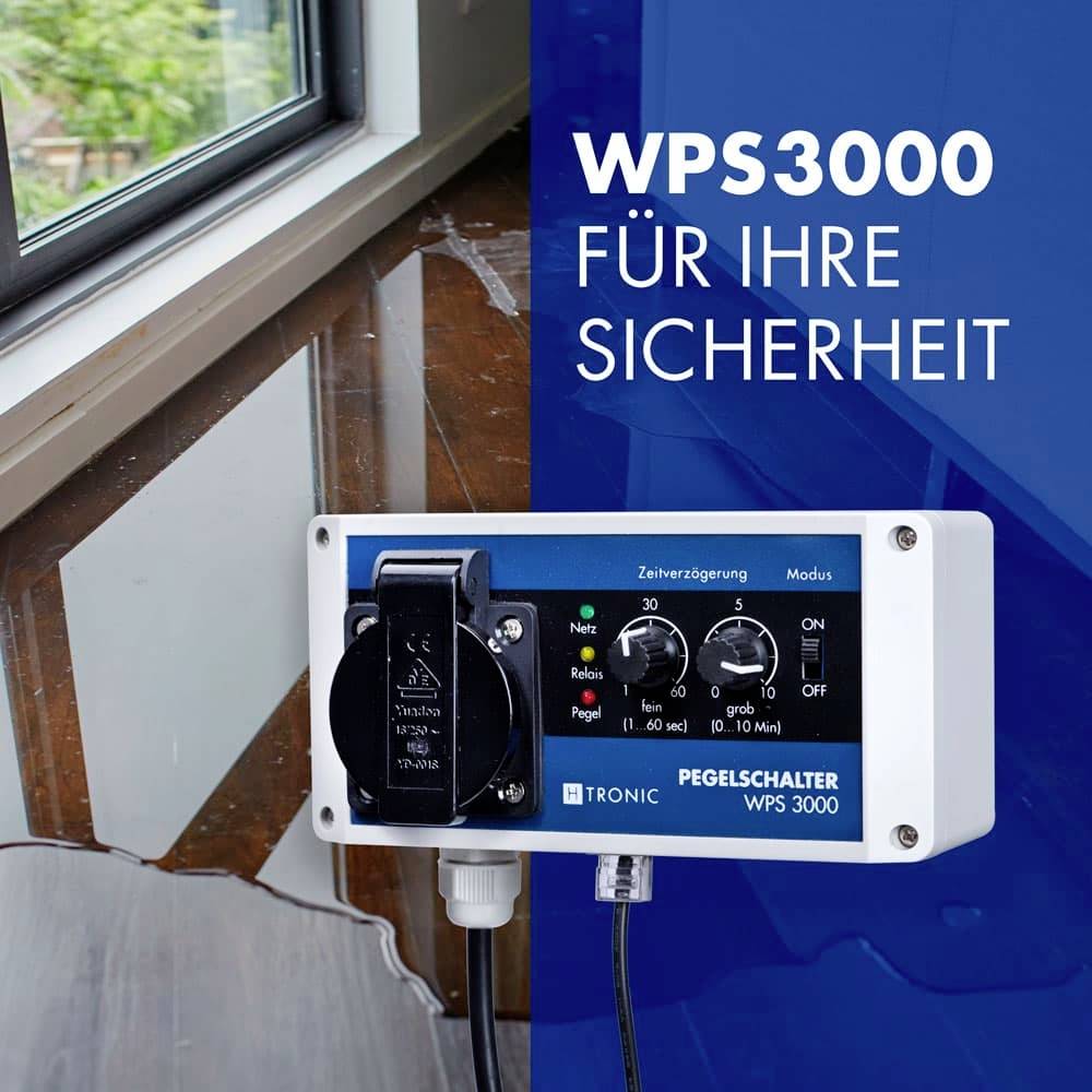 Ein Pegelschalter WPS3000 ist neben einem Fenster positioniert. Auf der rechten Seite steht: 'WPS3000 für Ihre Sicherheit'.