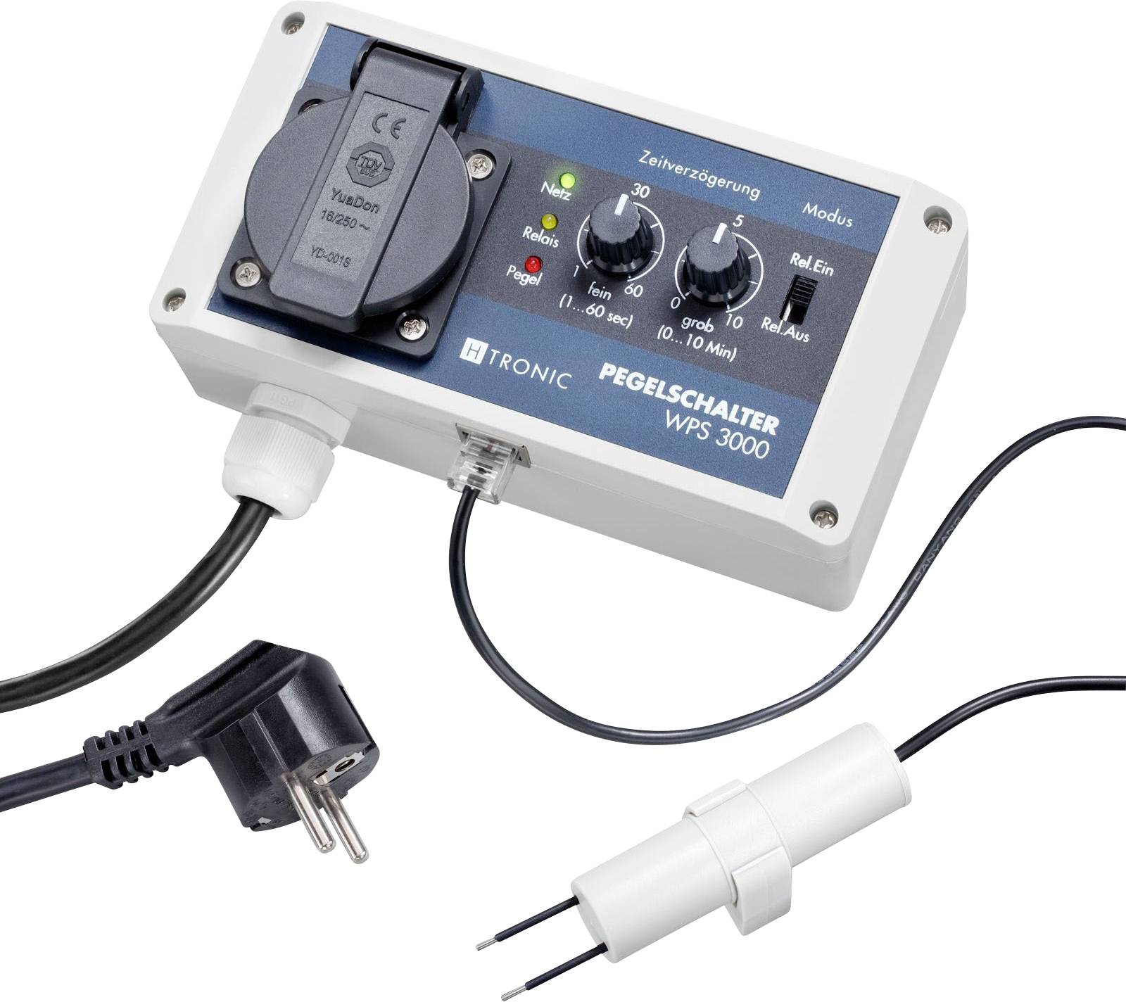 'Pegelschalter WPS 3000' Steuergerät mit Drehreglern und Anzeigeleuchten, verbunden mit einem Tauchdetektor und einem Netzkabel.