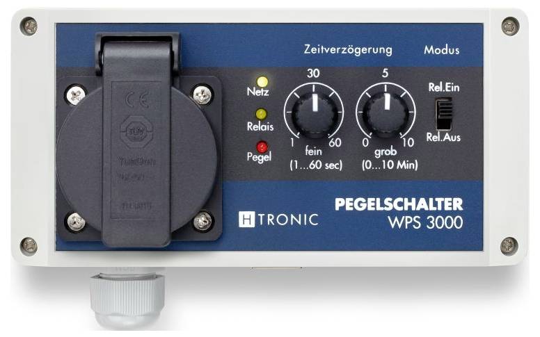 Ein Pegelschalter WPS 3000 von H-Tronic mit zwei Drehknöpfen zur Einstellung der Zeitverzögerung und des Modus.