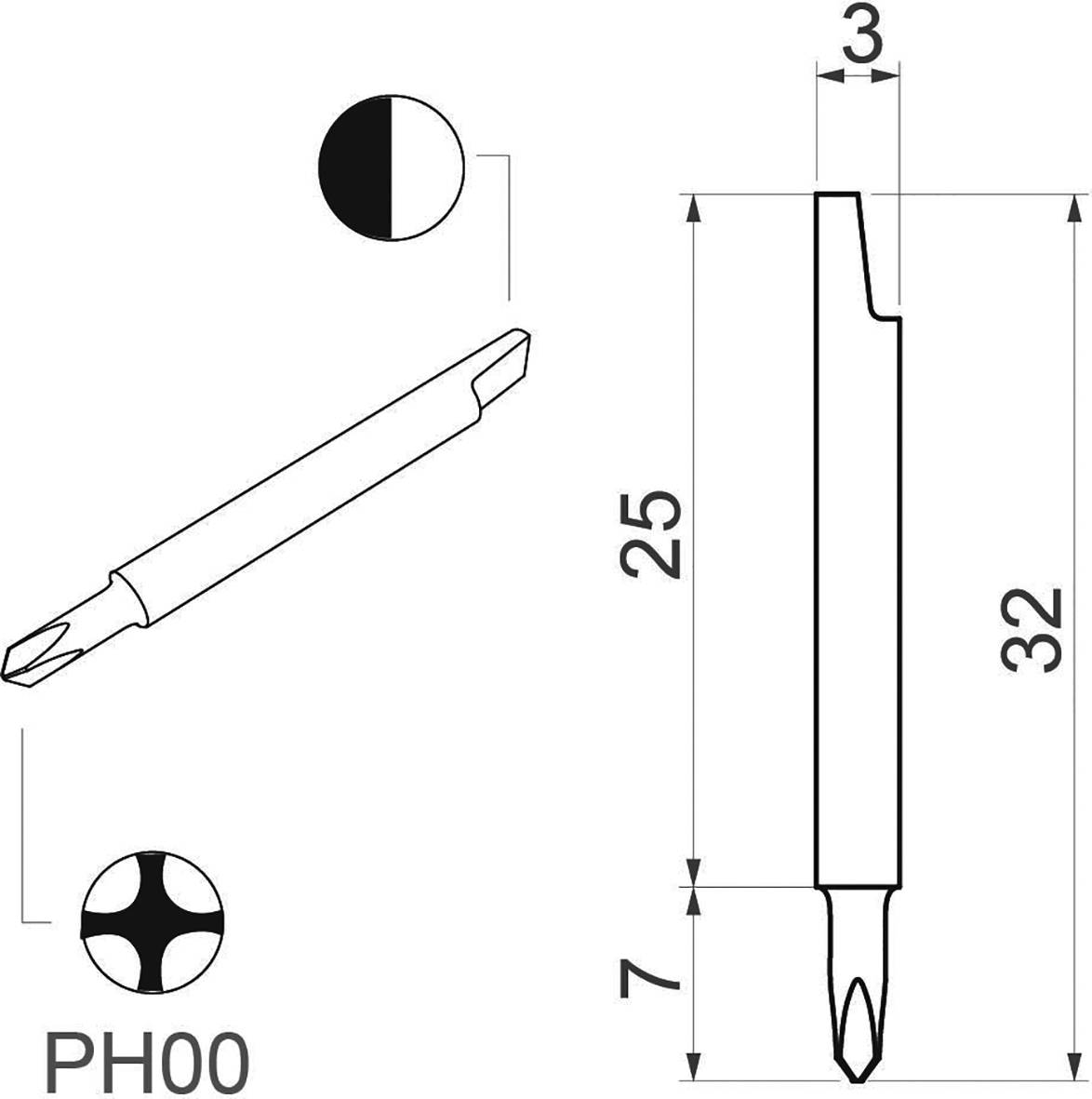 'PH00 Schraubendrehereinsatz', zeigt Draufsicht mit Kreuzschlitz, Seitenansicht mit Länge 32 mm und Durchmesser 3 mm.