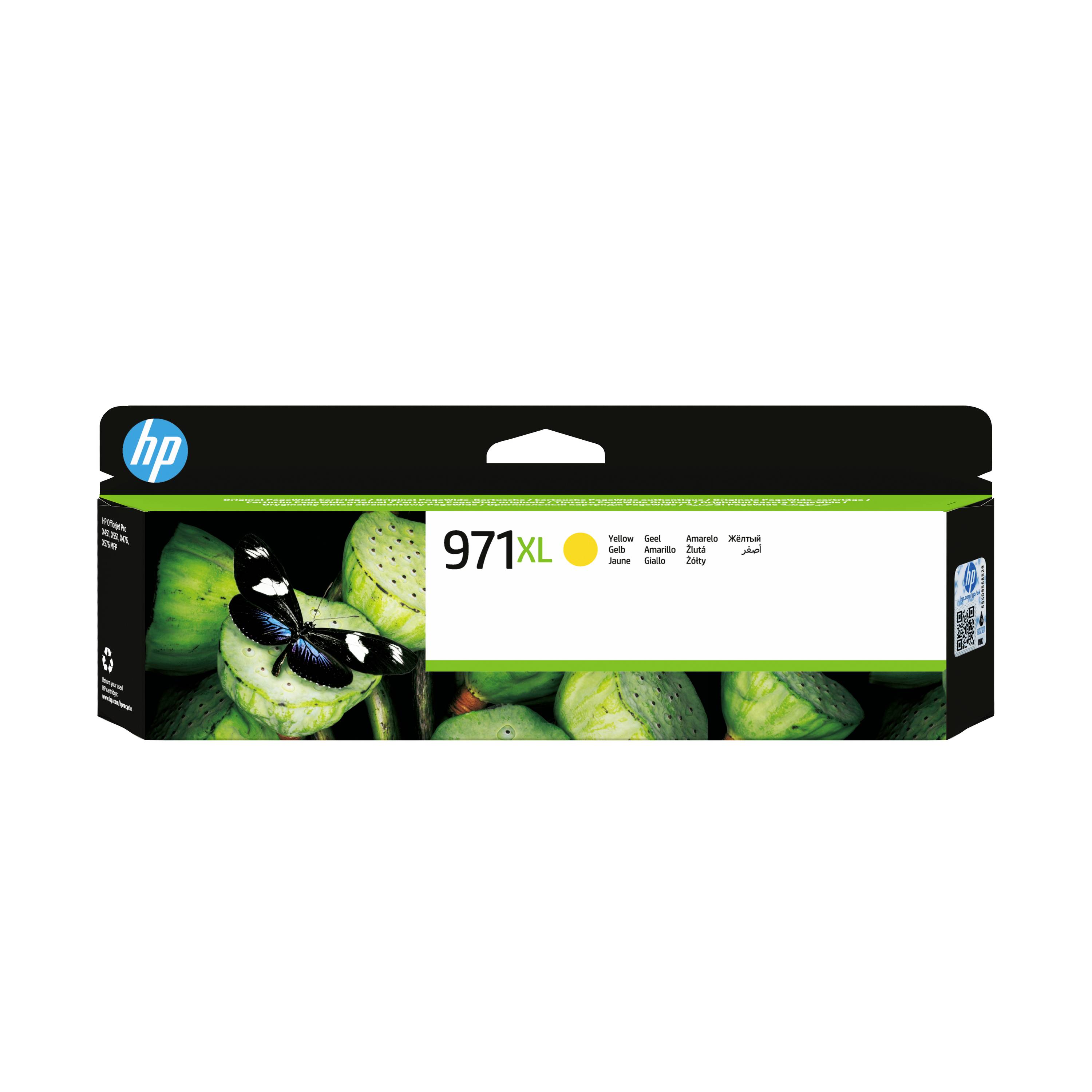 HP 971XL Tintenpatronenschachtel, gezeigt mit schwarzen, gelben, cyan- und magentafarbenen Etiketten und Schmetterlingsblatt-Verpackungsdesign.