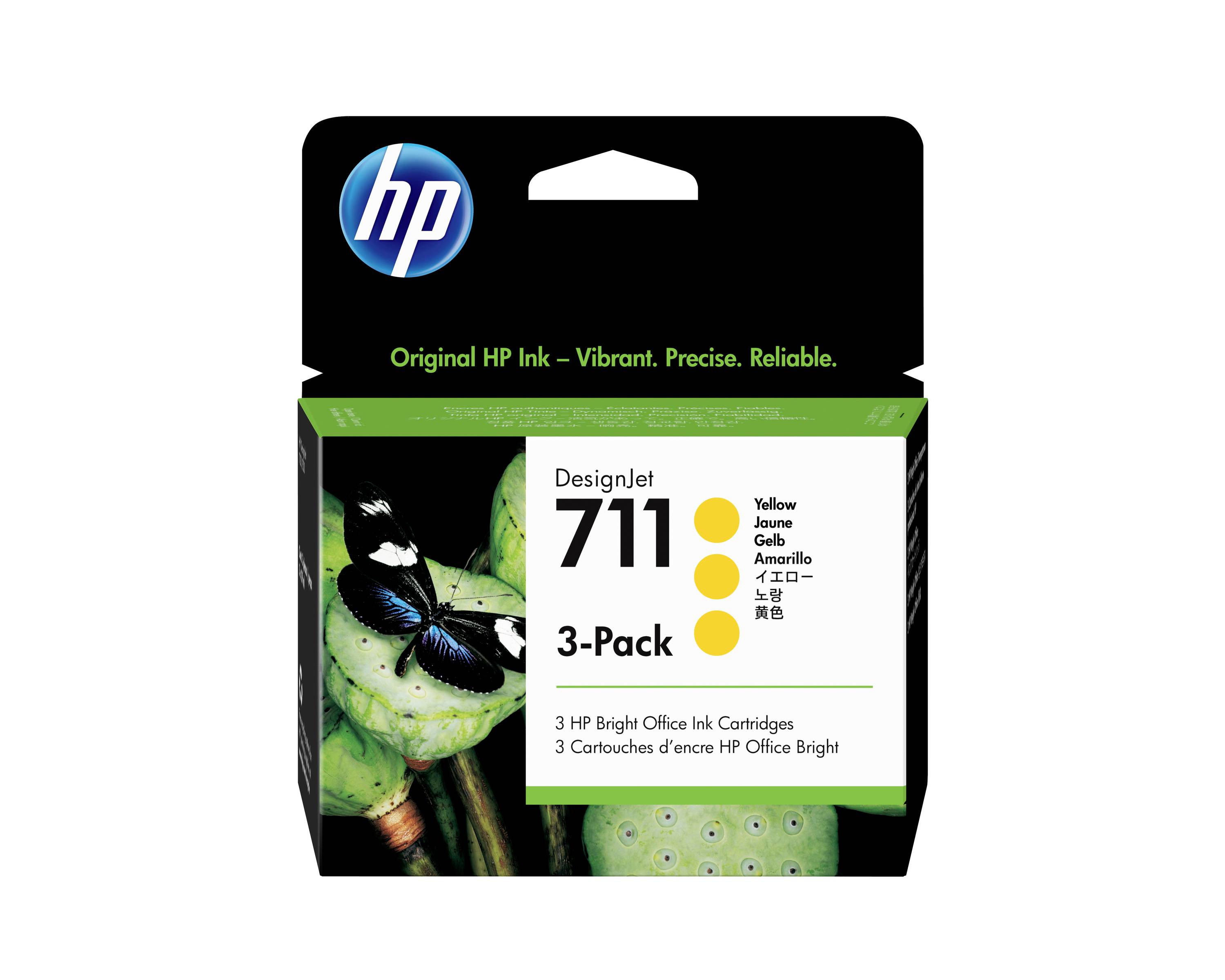 HP DesignJet 711 3er-Pack gelbe Tintenpatronen Verpackung mit Schmetterlingskunstwerk und Produktname