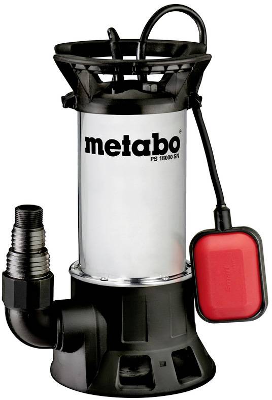 Eine silberne und schwarze Pumpe mit der Aufschrift 'metabo PS 18000 SN'. Ein roter Schwimmer ist an der Seite befestigt.