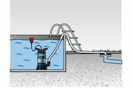Querschnitt eines Pools mit einer Wasserpumpe. Eine Rutsche führt ins Wasser. Verrohrungssystem zur Wasserzirkulation sichtbar.