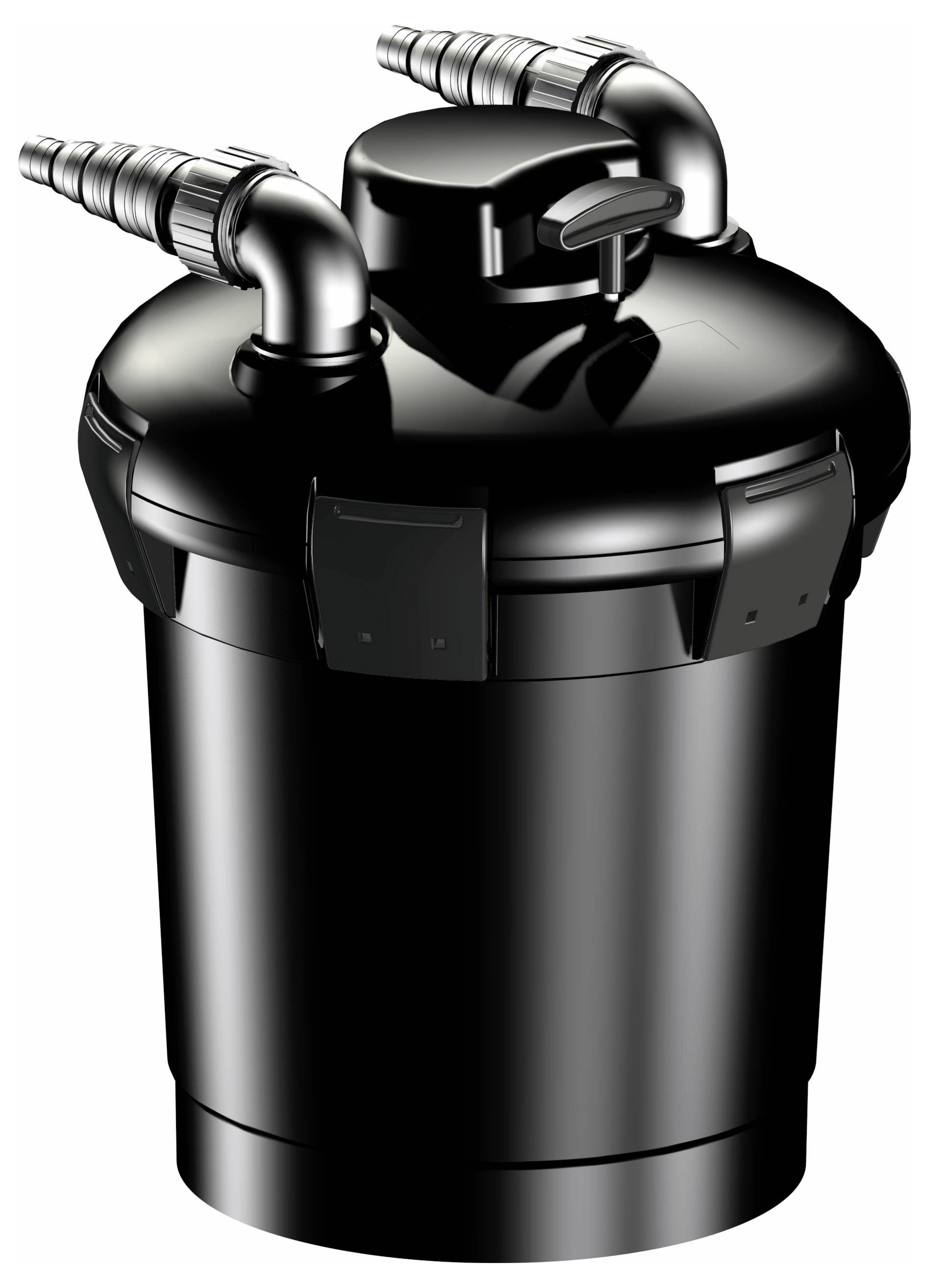Ein schwarzer, zylinderförmiger Wasserfilter mit zwei Einlass-/Auslassschläuchen an der Oberseite und einem Sicherungsverschluss an der Seite, der für ein Filtersystem entwickelt wurde.