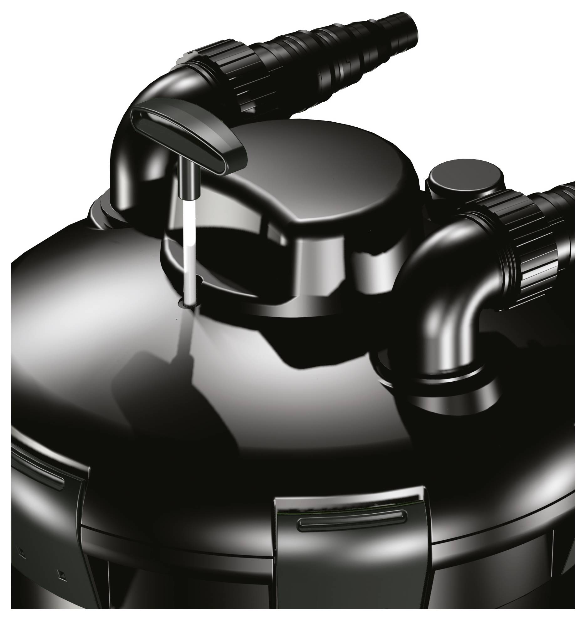 Ein Nahaufnahmefoto eines schwarzen Filtrationstanks mit zwei geschwungenen Rohren und einem Druckmesser oben.