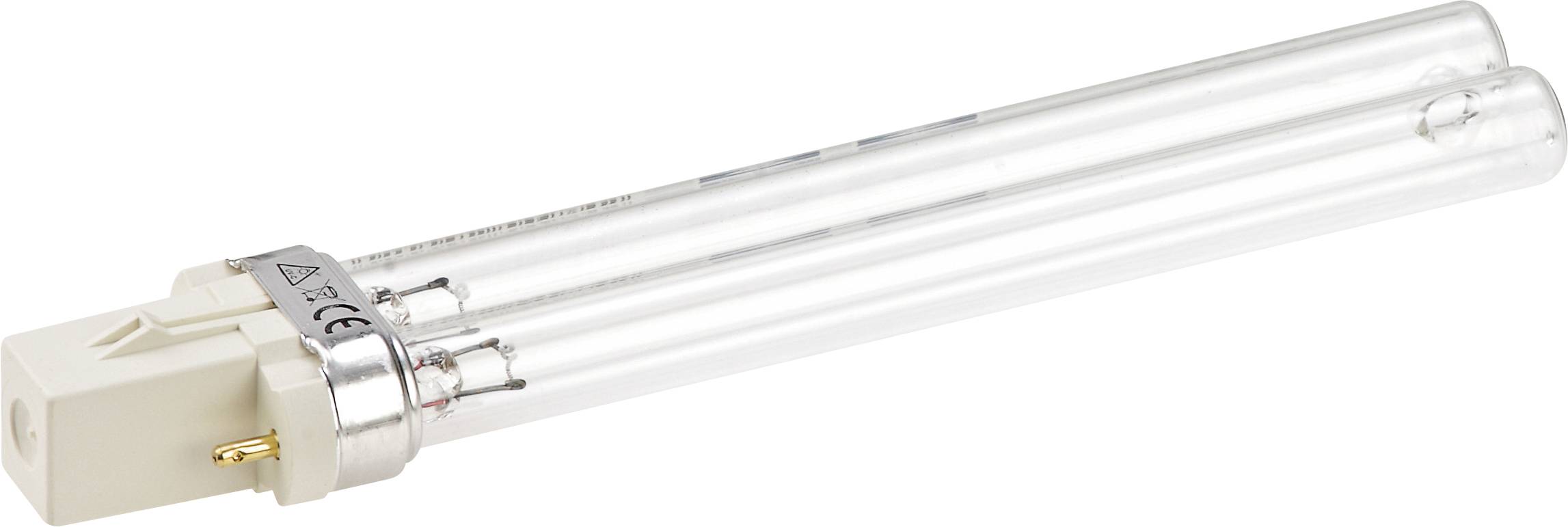 Eine Kompaktleuchtstofflampe mit einem Zweipocker-Sockel, bestehend aus zwei transparenten Glasröhren für energieeffiziente Beleuchtungsanwendungen.