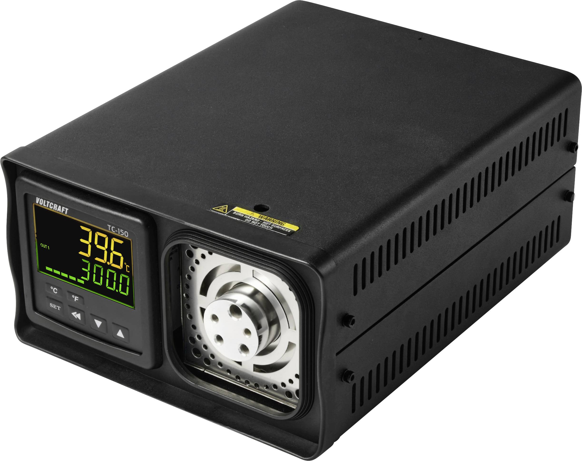 Schwarzes Tischgerät für Elektrotechnik mit digitalem Display, das 39.6 und 3.00 anzeigt, plus rundem Frontanschluss und Kühlungsöffnungen.