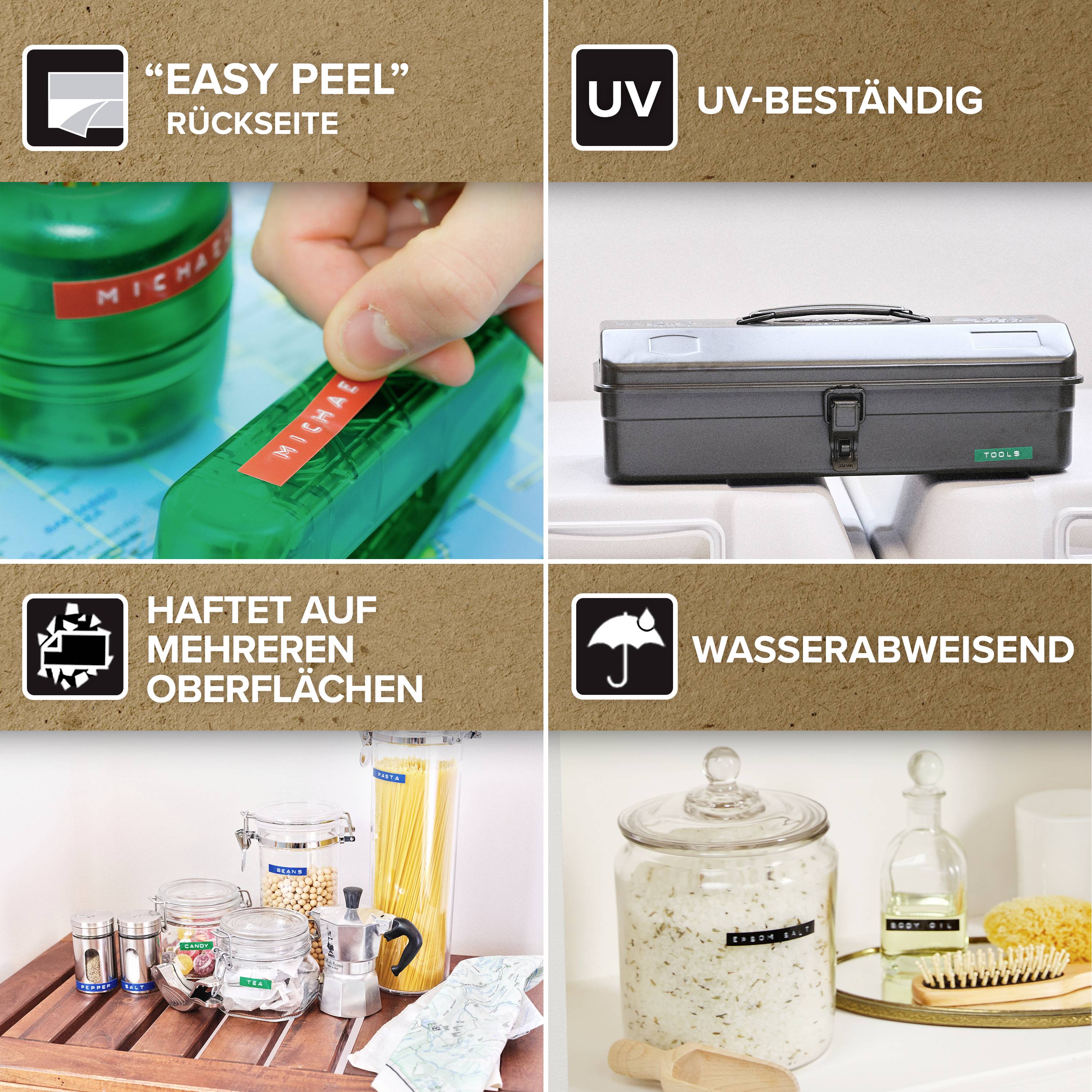 'Easy Peel' Etiketten auf Gegenständen, UV-beständig, haften auf mehreren Oberflächen, wasserabweisend; Anwendungen in Küche gezeigt.