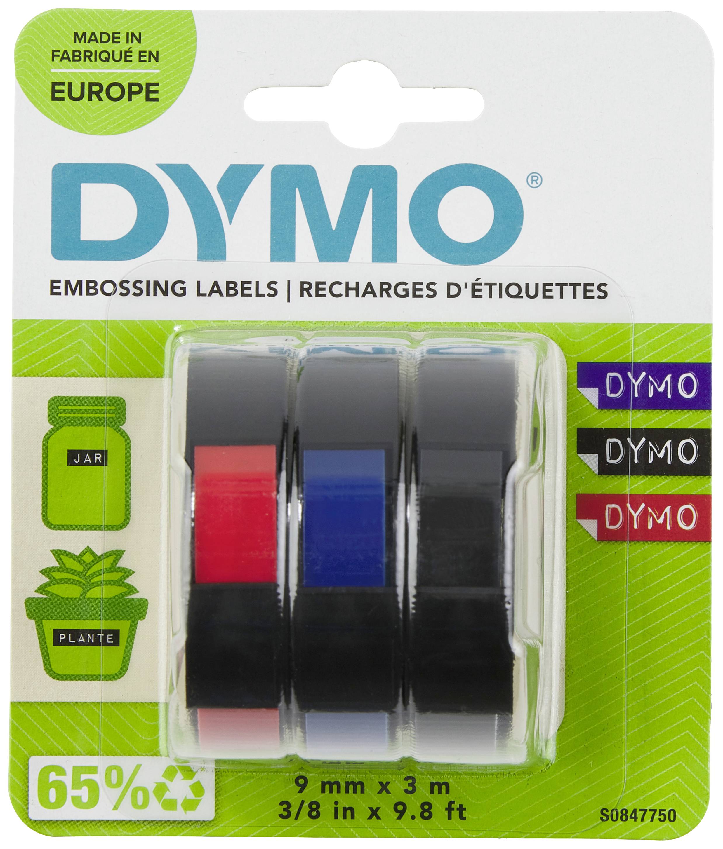 'DYMO' Prägeetiketten in drei Farben (rot, blau, schwarz) auf Spulen. Hinweis auf 65% recycelten Kunststoff und Herstellung in Europa.