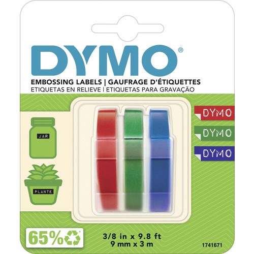 DYMO 3D Prägeband, Schriftband 3er Set Bandfarbe: Blau, Schwarz, Rot Schriftfarbe: Weiß 9mm 3m S0847750