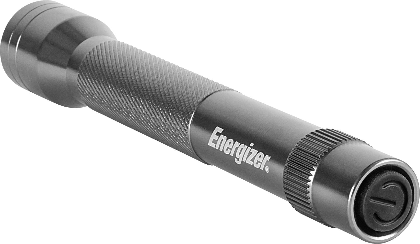 Ein schlanke, schwarze Taschenlampe mit geriffeltem Griff und 'Energizer'-Aufschrift auf der Seite.