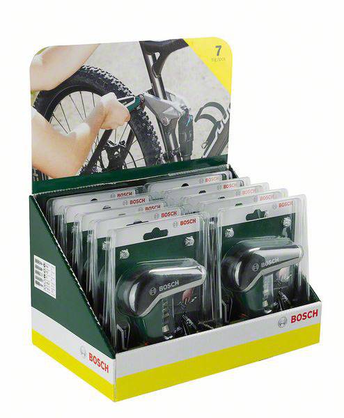 Bosch Fahrradschloss-Display mit sechs Verpackungen, beworben für sieben Jahre Schutz. Enthält Bild eines Fahrradschlosses in Gebrauch.