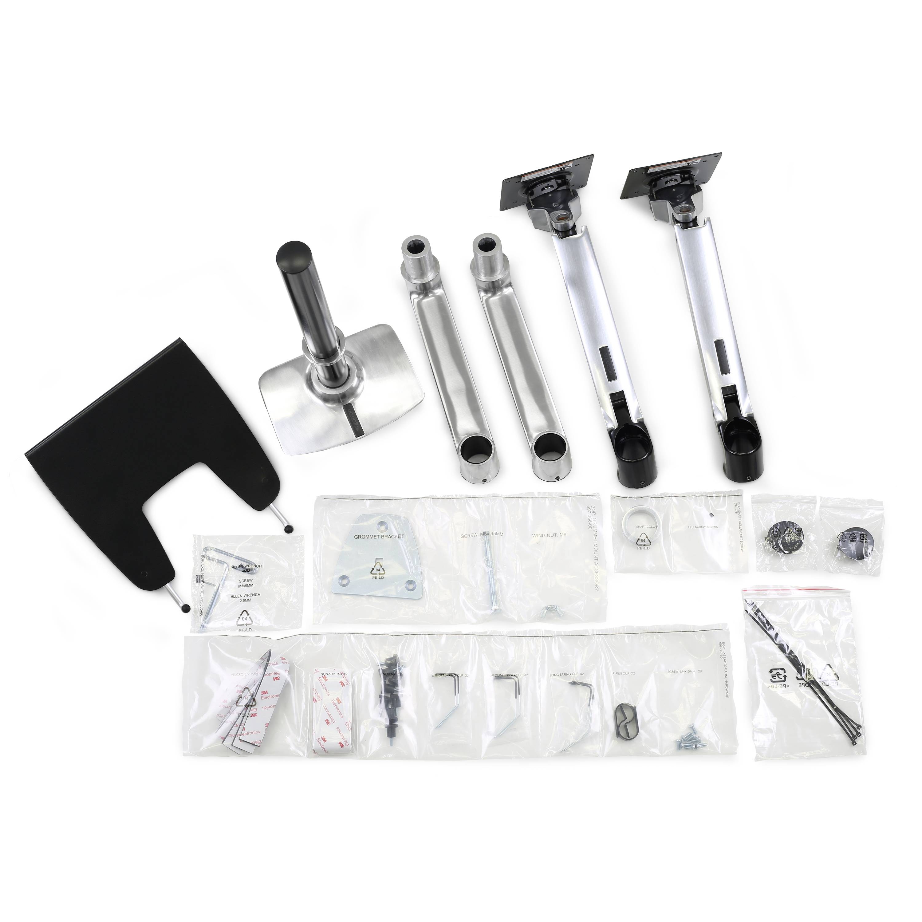 Ständerbausatz für TV-Bildschirmmontage, bestehend aus Metallkomponenten, Schrauben und Montagematerial, in Folien verpackt.