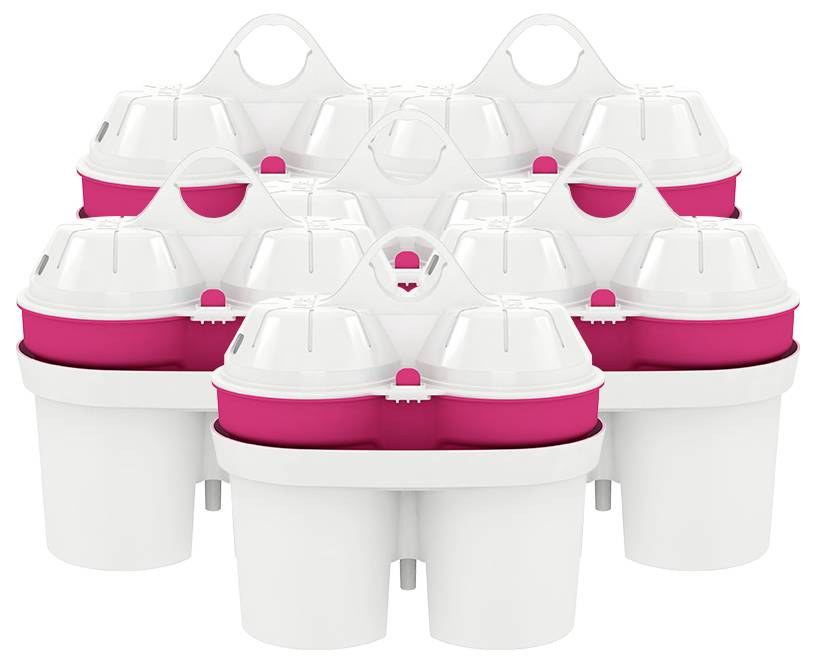 Ein Stapel aus drei weißen Plastik-Getränketrägern, die jeweils zwei rote Becher halten.