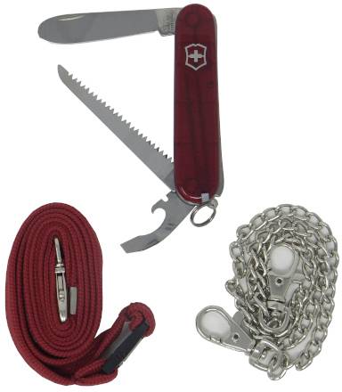 Rotes Multifunktions-Taschenmesser mit geöffneten Klingen, roter Kordel und silberner Kette mit Karabinerhaken vor weißem Hintergrund.
