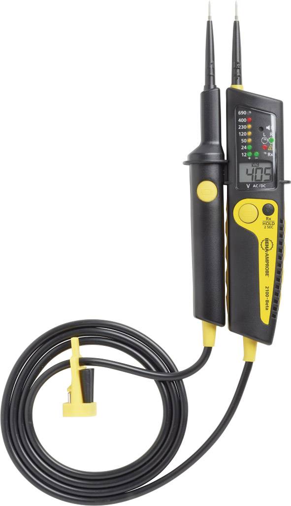 Spannungsprüfer mit digitalem Display, zwei Prüfspitzen, schwarzem Kabel und gelben Details. Anzeige zeigt '405 V AC'.