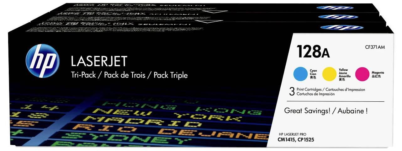 HP LaserJet 128A Dreierpack Tonerkartuschenbox mit Cyan-, Gelb- und Magentakartuschen für LaserJet Pro Drucker.
