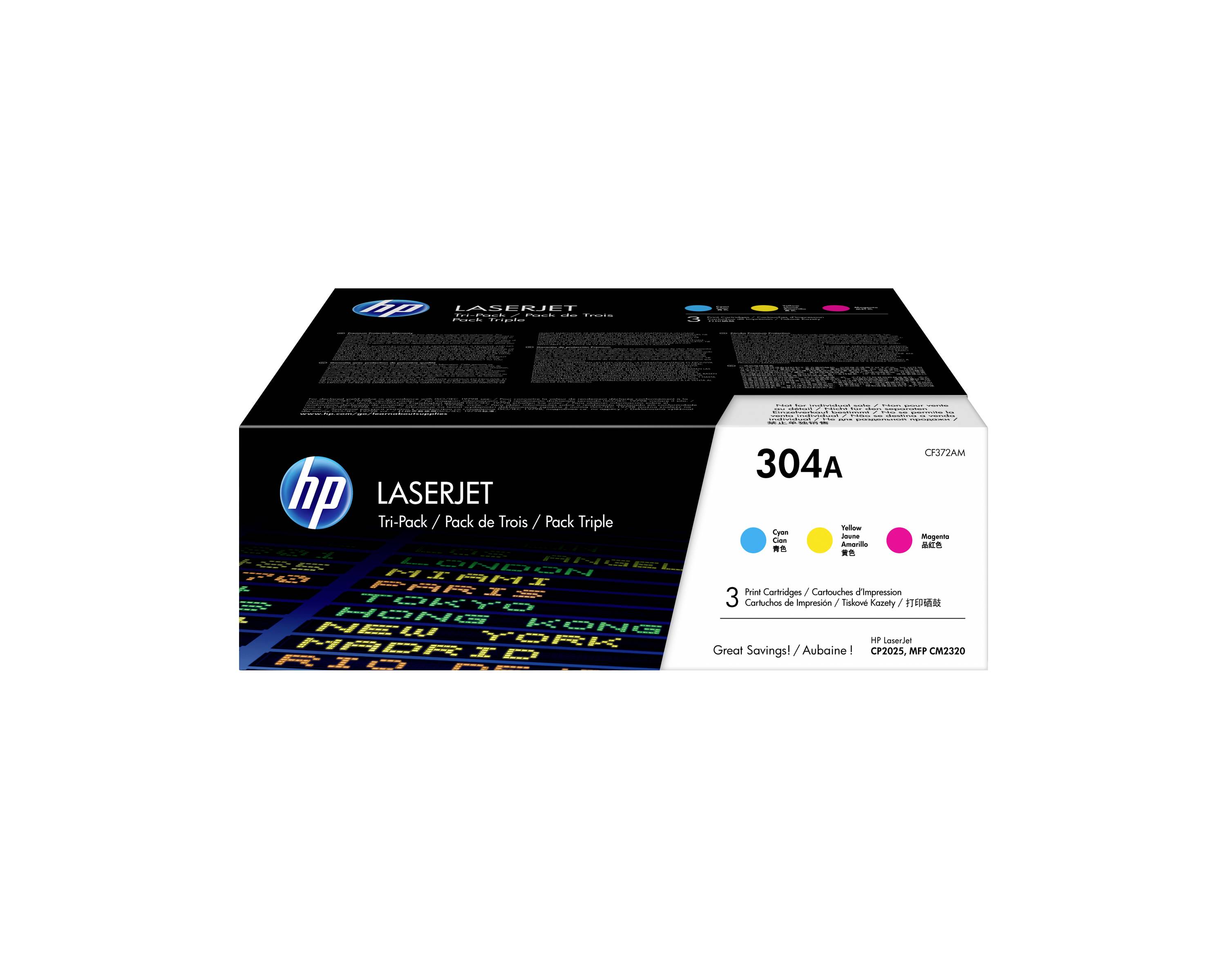HP LaserJet 304A Dreifarben-Tonerpatrone, Produktverpackung auf weißem Hintergrund mit Cyan-, Gelb- und Magenta-Farbpunkten.