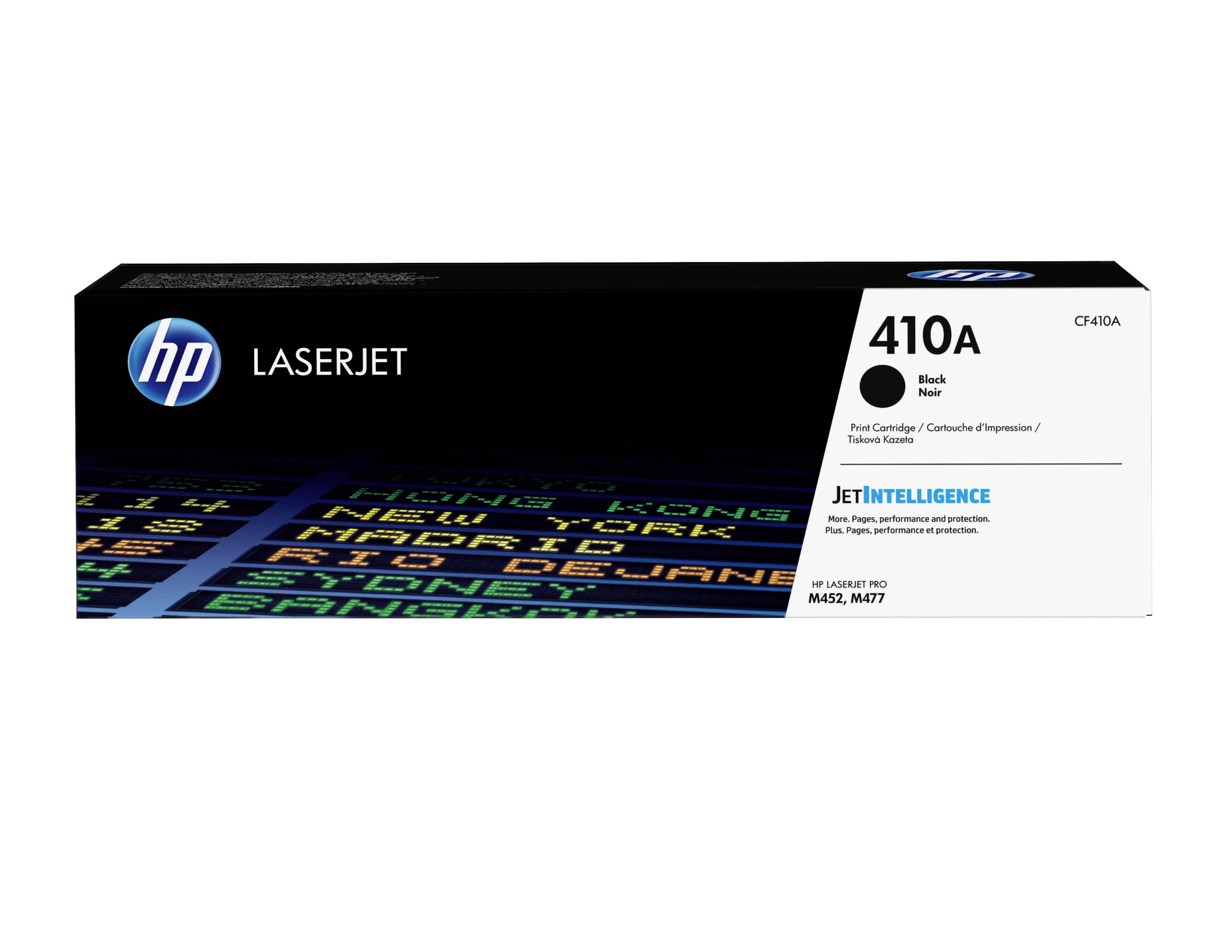 HP LaserJet 410A Tonerpatrone in Schwarz, Karton mit der Bezeichnung CF410A, mit JetIntelligence-Branding.