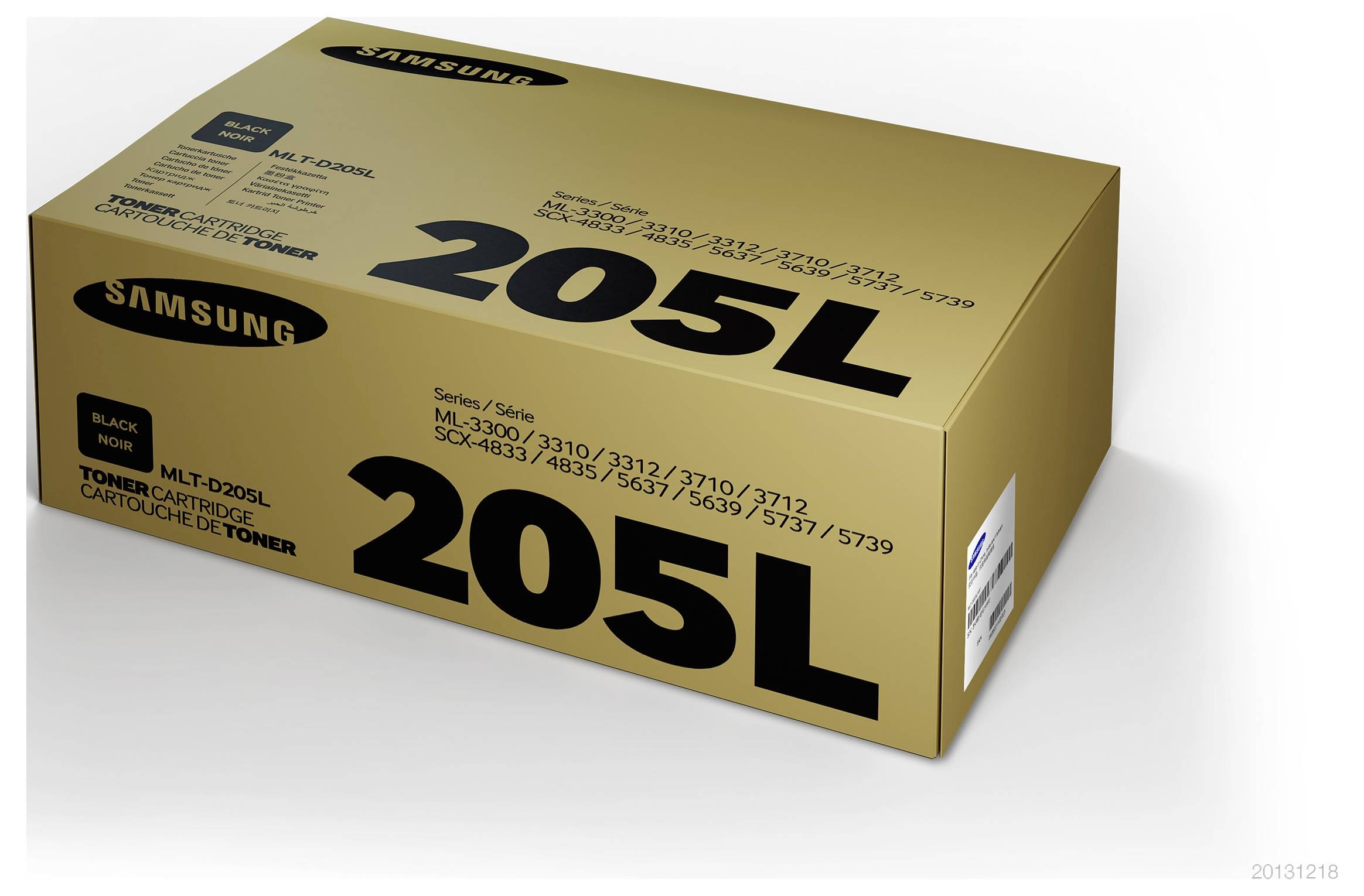Samsung 205L Tonerpatrone in einer Schachtel mit goldenem Design und Modellnummer MLT-D205L sowie einer Liste der kompatiblen Druckerserie.