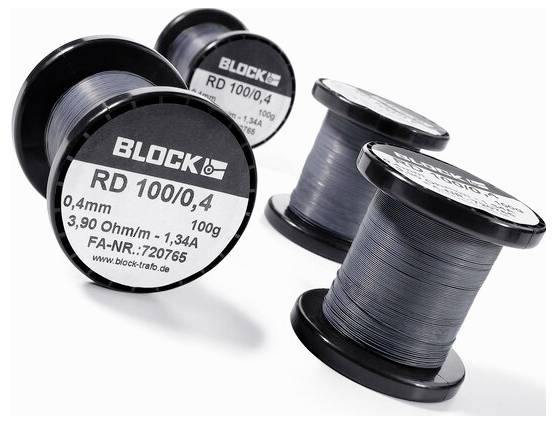 „Drei schwarze Drahtspulen mit Etikett: Block RD 100/0,4 0,4mm 3,90 Ohm/m 1,34A FA-NR:720765, Block-Trab