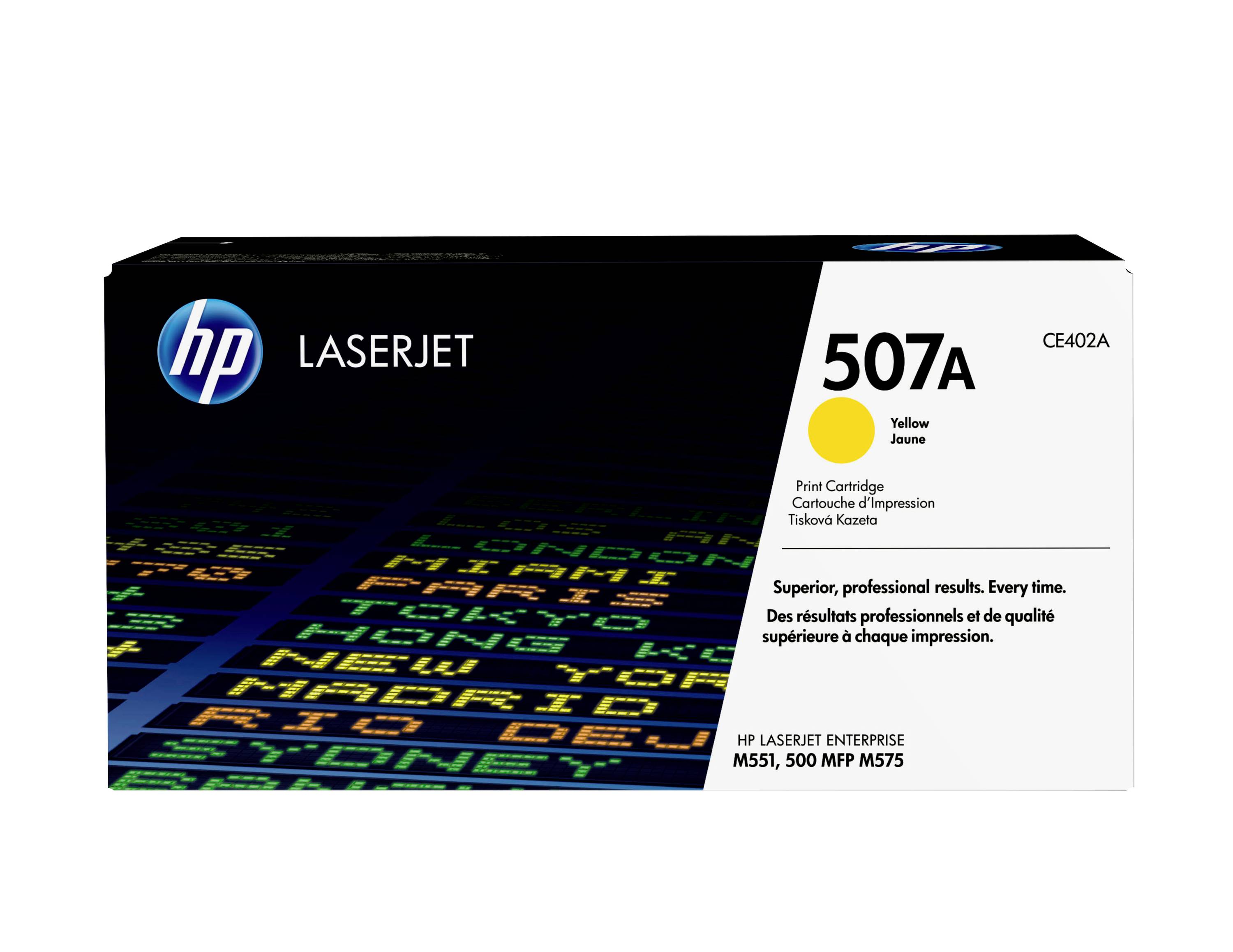 HP LaserJet 507A Gelber Tonerkassette Karton, Modell CE402A, für HP LaserJet Enterprise M551 und M575 Drucker.