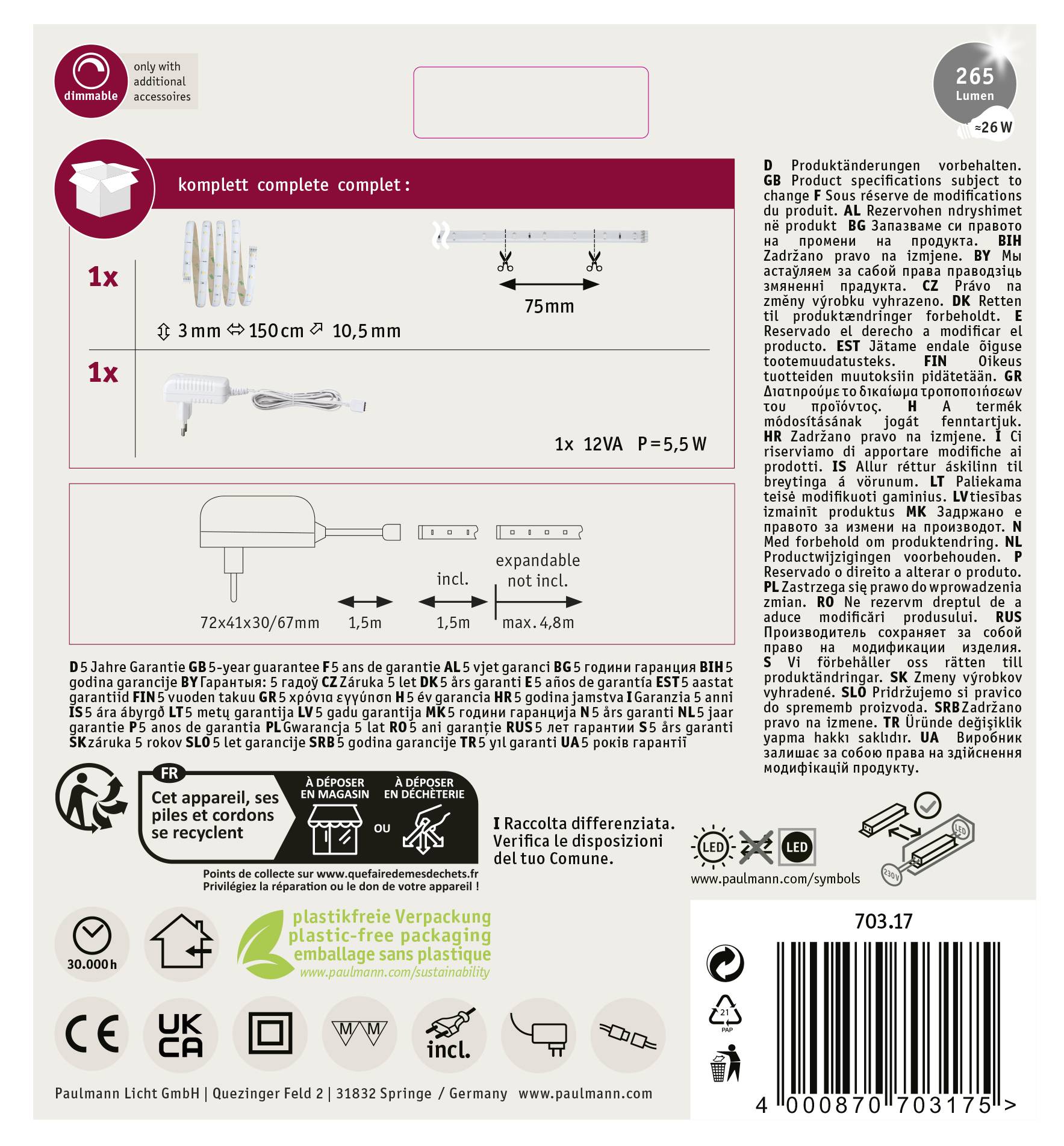Paulmann YourLED 70317 LED-Streifen-Komplettset mit Stecker 12V 1.5m Warmweiß 1St.
