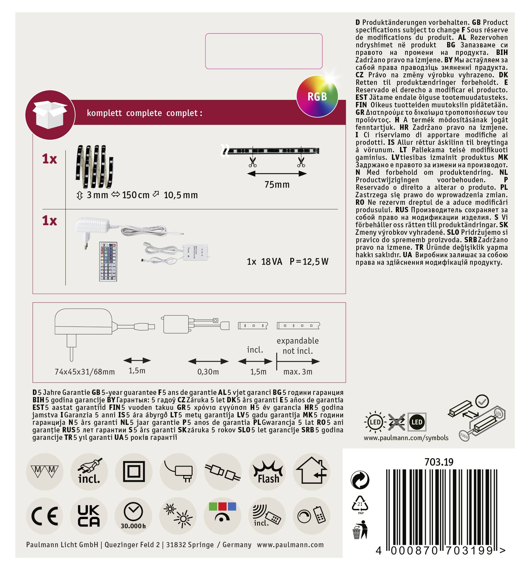 Paulmann YourLED 70319 LED-Streifen-Komplettset mit Stecker 12V 1.5m RGB 1St.