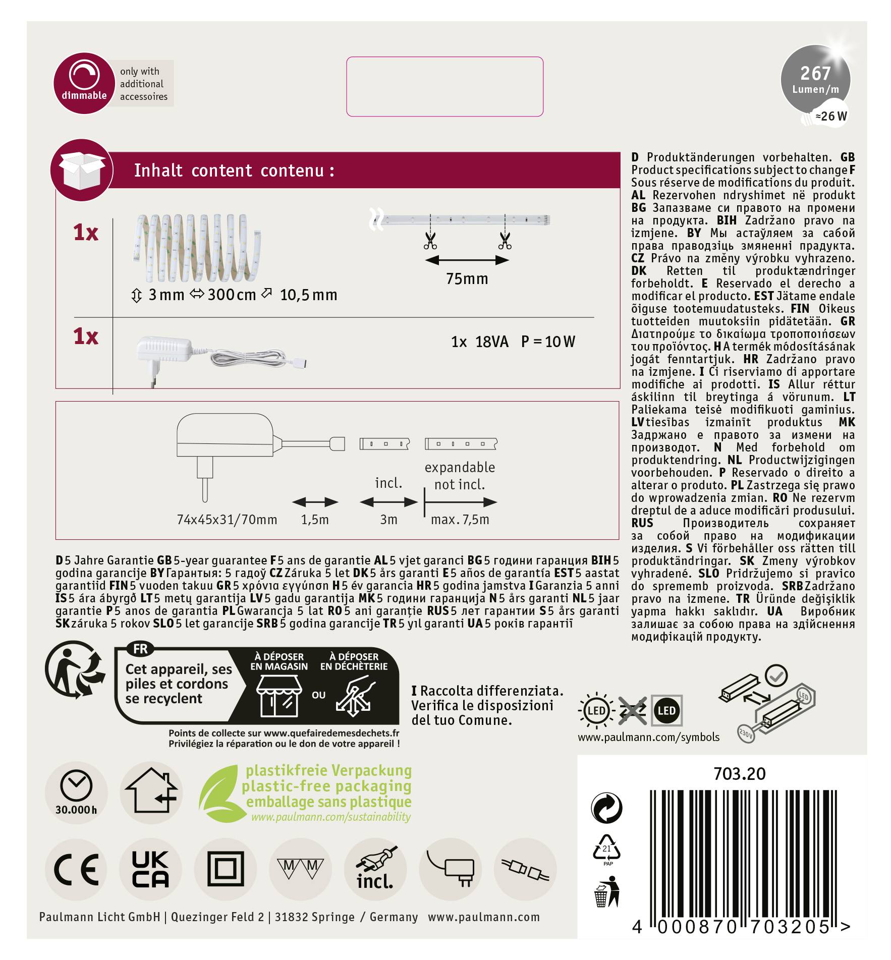 Paulmann YourLED 70320 LED-Streifen-Komplettset mit Stecker 12 V 3 m Warmweiß 1 St.