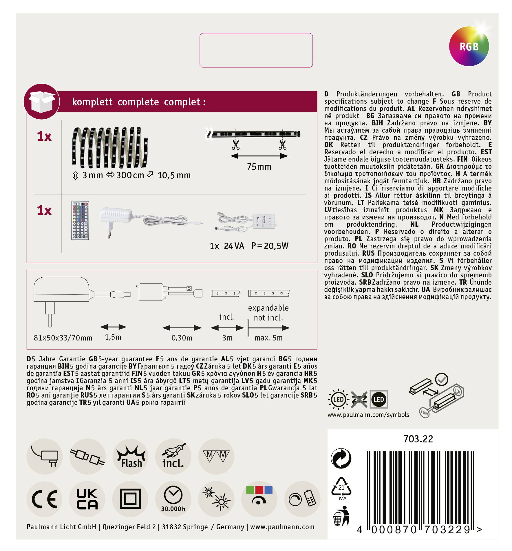 Paulmann YourLED 70322 LED-Streifen-Komplettset mit Stecker 12V 3m RGB 1St.