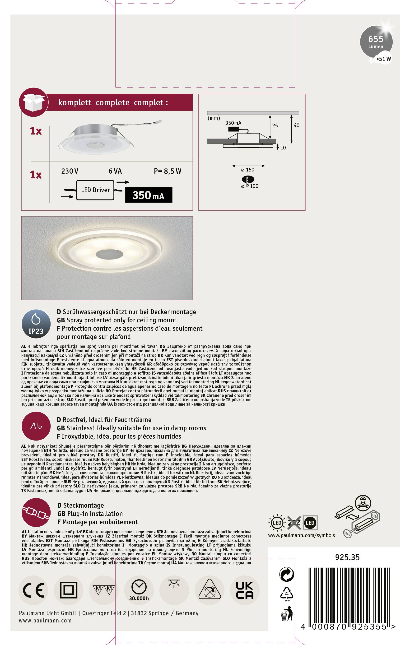 Paulmann 92535 Whirl LED-Einbauleuchte LED LED fest eingebaut 6W Aluminium