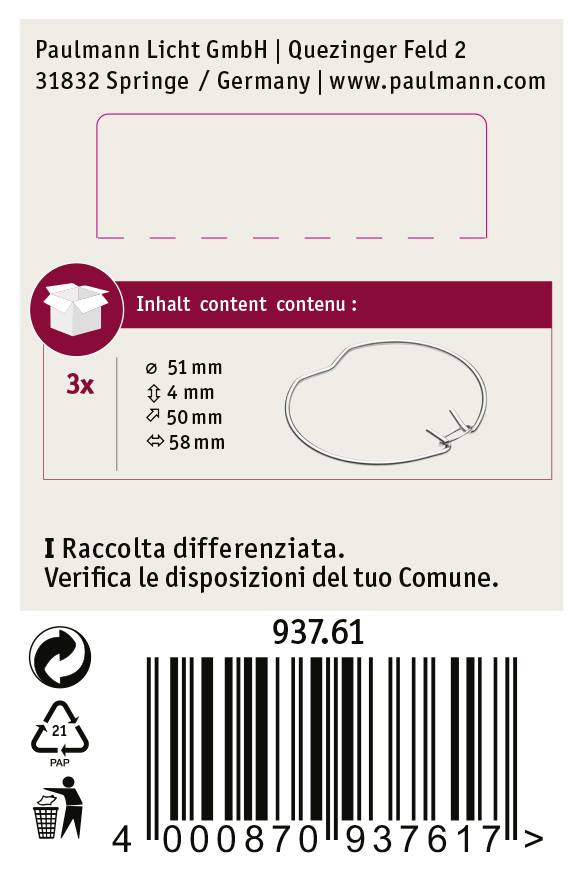 Paulmann Licht GmbH, Quezinger Feld 2, 31832 Springe, Germany. Inhalt: 3x Leuchtmittel (51 mm, 4 mm, 50 mm, 58 mm). Entsorgungshinweise beachten.