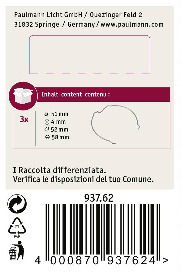 'Paulmann Licht GmbH' Verpackungsetikett mit Barcodes und Angaben zu Glühbirnenmaßen: 51 mm, 4 mm, 52 mm, 58 mm.
