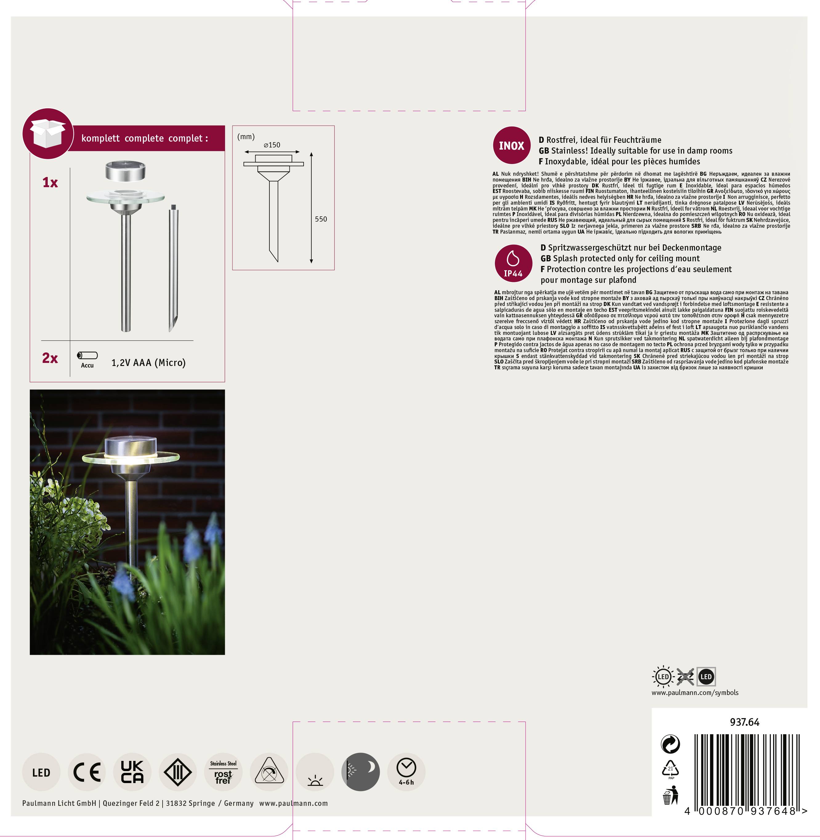Paulmann 93764 Ufo Solar-Gartenleuchte 0.2 W Warmweiß Edelstahl, Klar