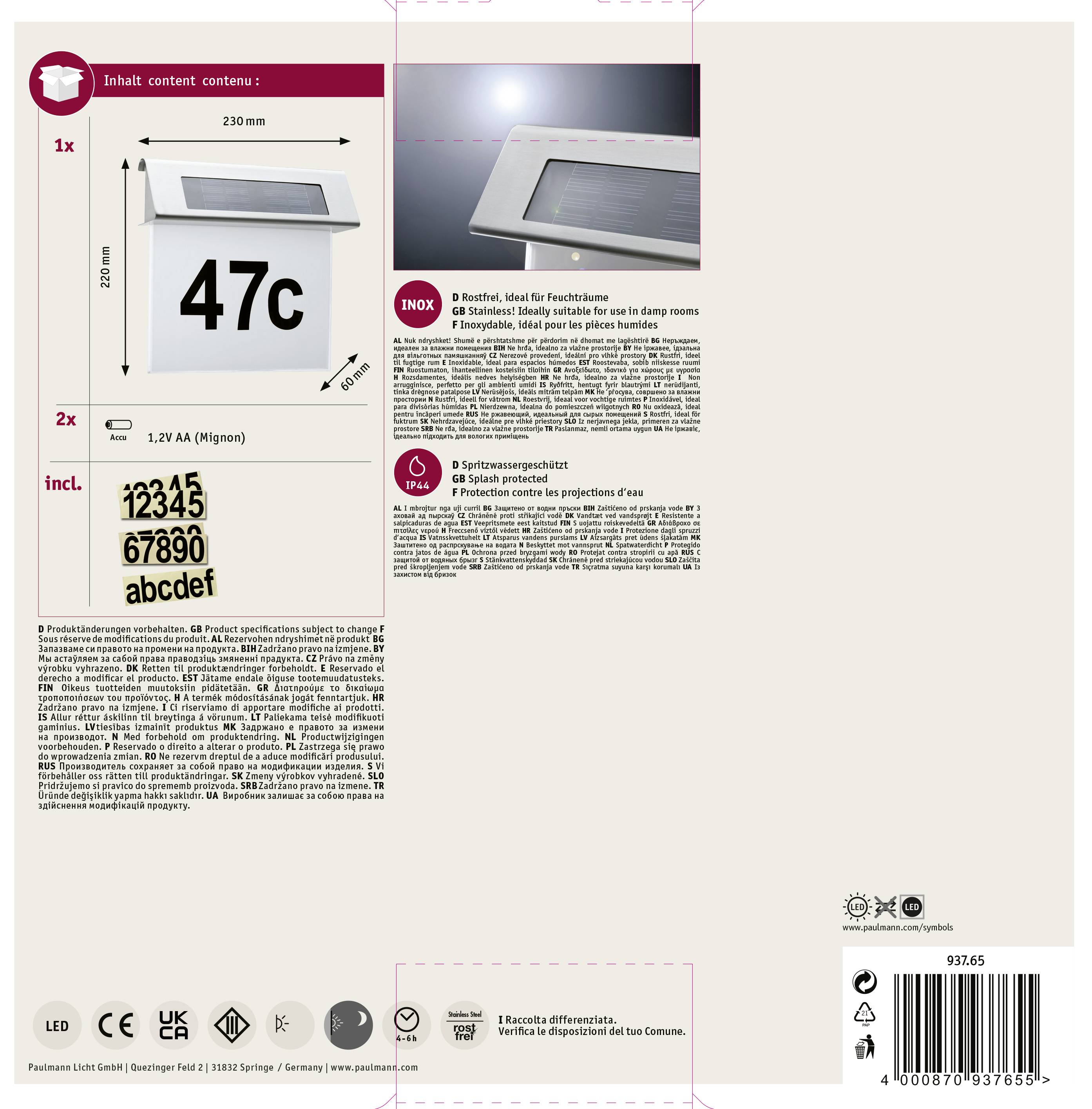 Paulmann 93765 Solar-Hausnummernleuchte 0.2 W Warmweiß Edelstahl, Weiß