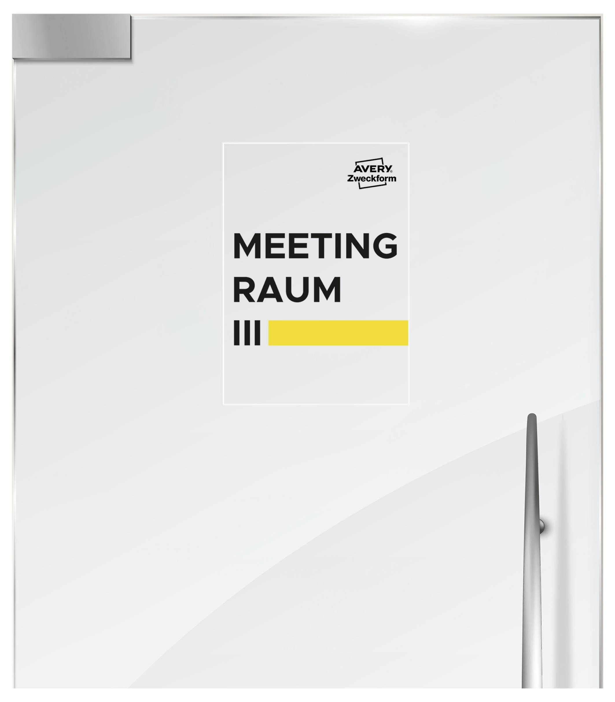 Türschild mit der Aufschrift 'MEETING RAUM III' und gelbem Balken auf einer weißen Tür.