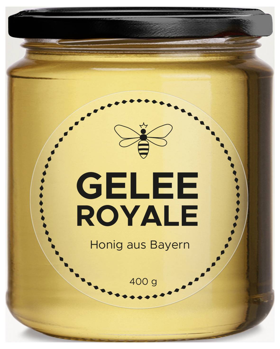 Glas Honig mit schwarzem Deckel, Etikett 'GELEE ROYALE' und 'Honig aus Bayern', 400 g.