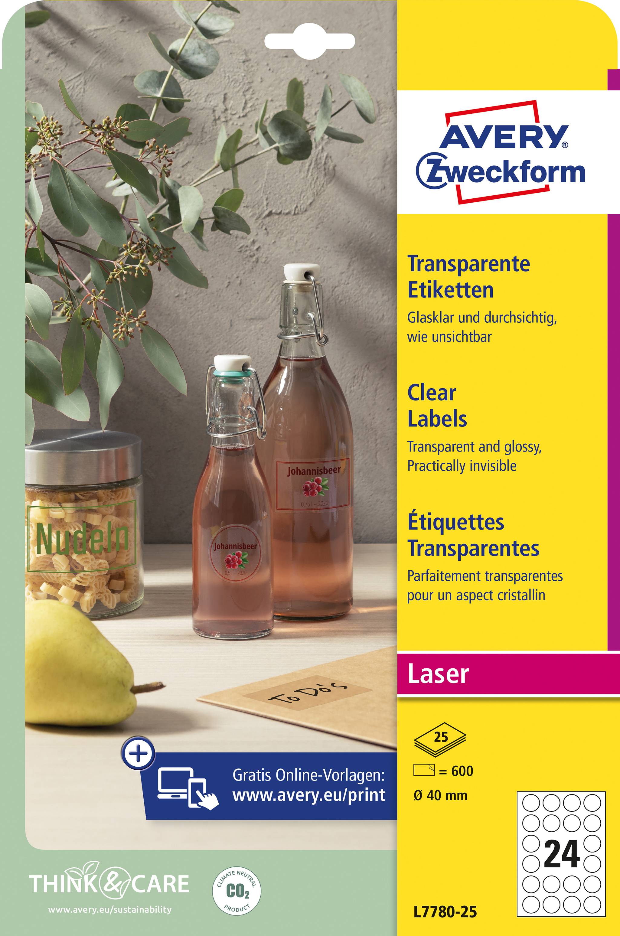 Avery-Zweckform L7780-25 Folien-Etiketten Ø 40mm Polyester-Folie Transparent 600 St. Permanent haftend Farblaserdrucker