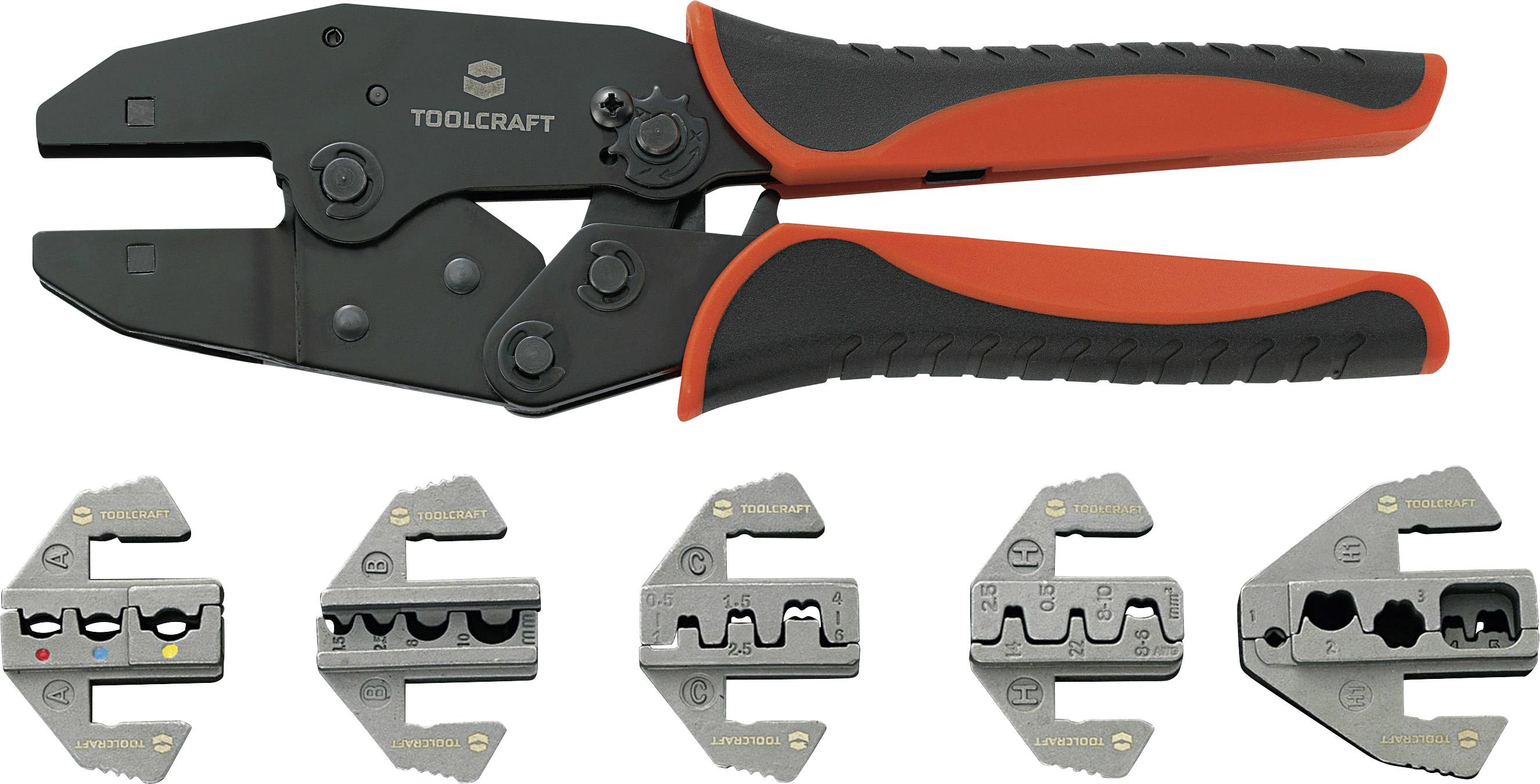 Toolcraft Quetschwerkzeuge mit fünf austauschbaren Backen wie unten gezeigt, jeweils für unterschiedliche Größen und Formen von Steckverbindern ausgelegt.