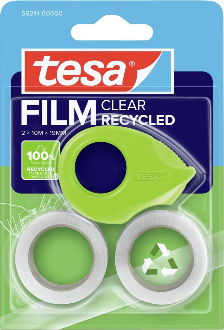 Ein grüner Tesa-Markentapeabroller-Set mit zwei Rollen durchsichtigem recyceltem Klebeband. Die Verpackung hebt den Inhalt „100% recycelt