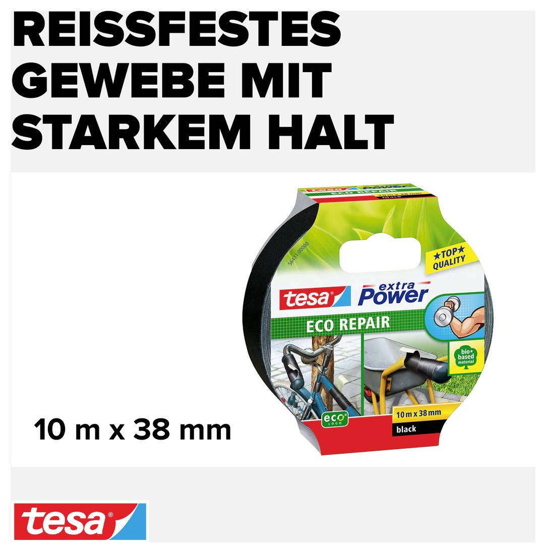 Produktverpackung für tesa extra Power Eco Repair Klebeband, 10 m x 38 mm. Reißfestes Gewebe mit starkem Halt.
