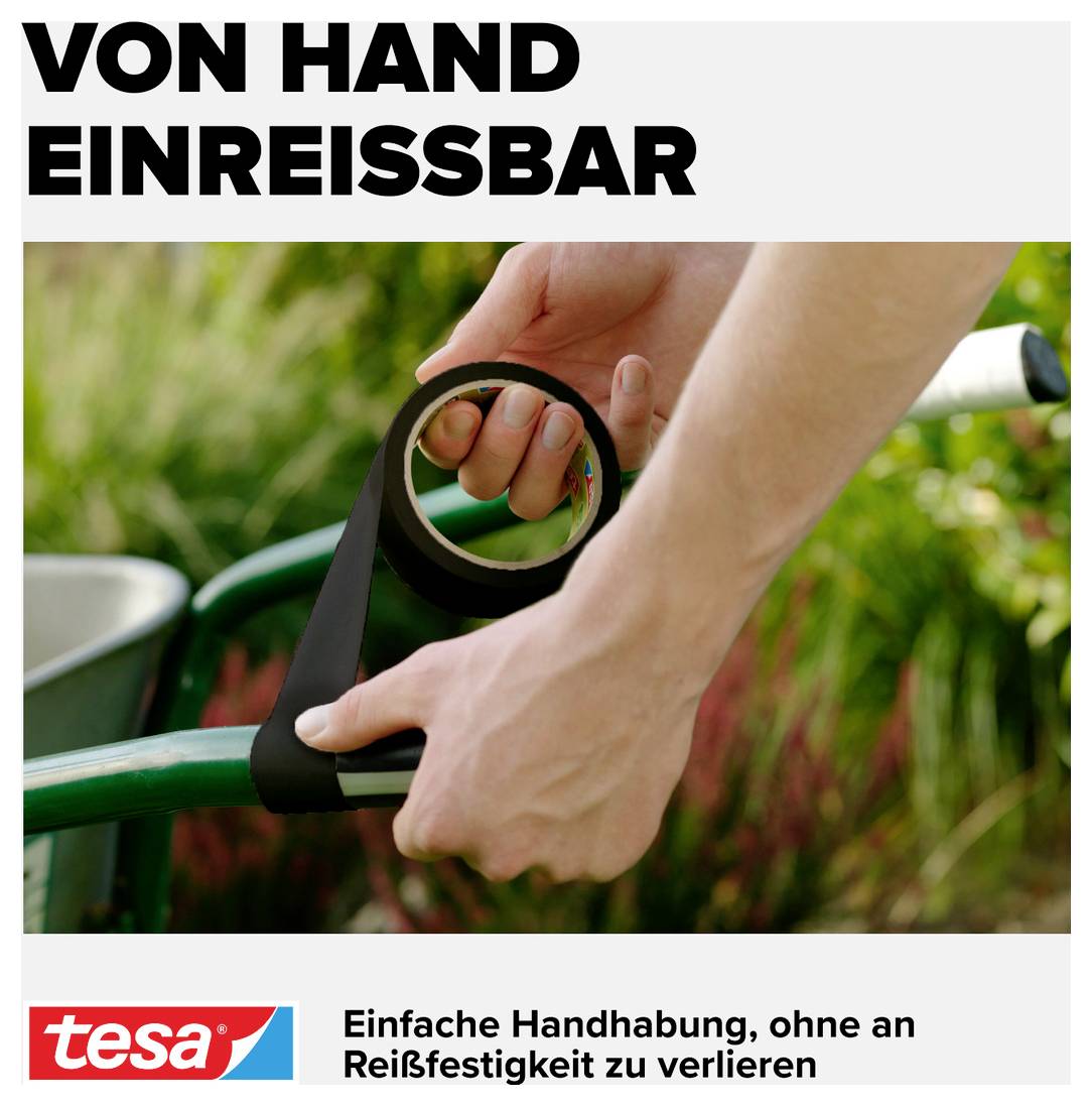 Eine Person reißt ein Stück Klebeband von einer Rolle ab. Text oben: 'VON HAND EINREISSBAR'. Markenlogo unten: tesa.