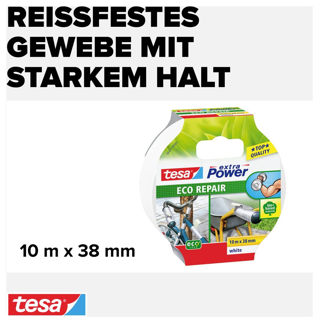 'Reißfestes Gewebe mit starkem Halt.' Tesa extra Power Eco Repair Band, 10 m x 38 mm, für Reparaturen an Fahrrädern und Rohren.