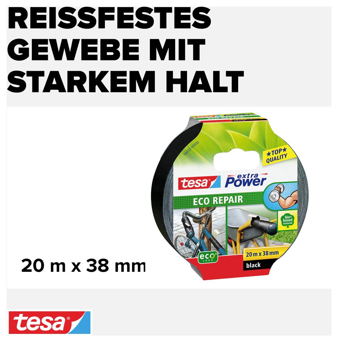 Packung Tesa Eco Repair schwarzes Gewebeband 20 m x 38 mm. Stark haftend, reißfest, ideal zur Reparatur und Abdichtung.