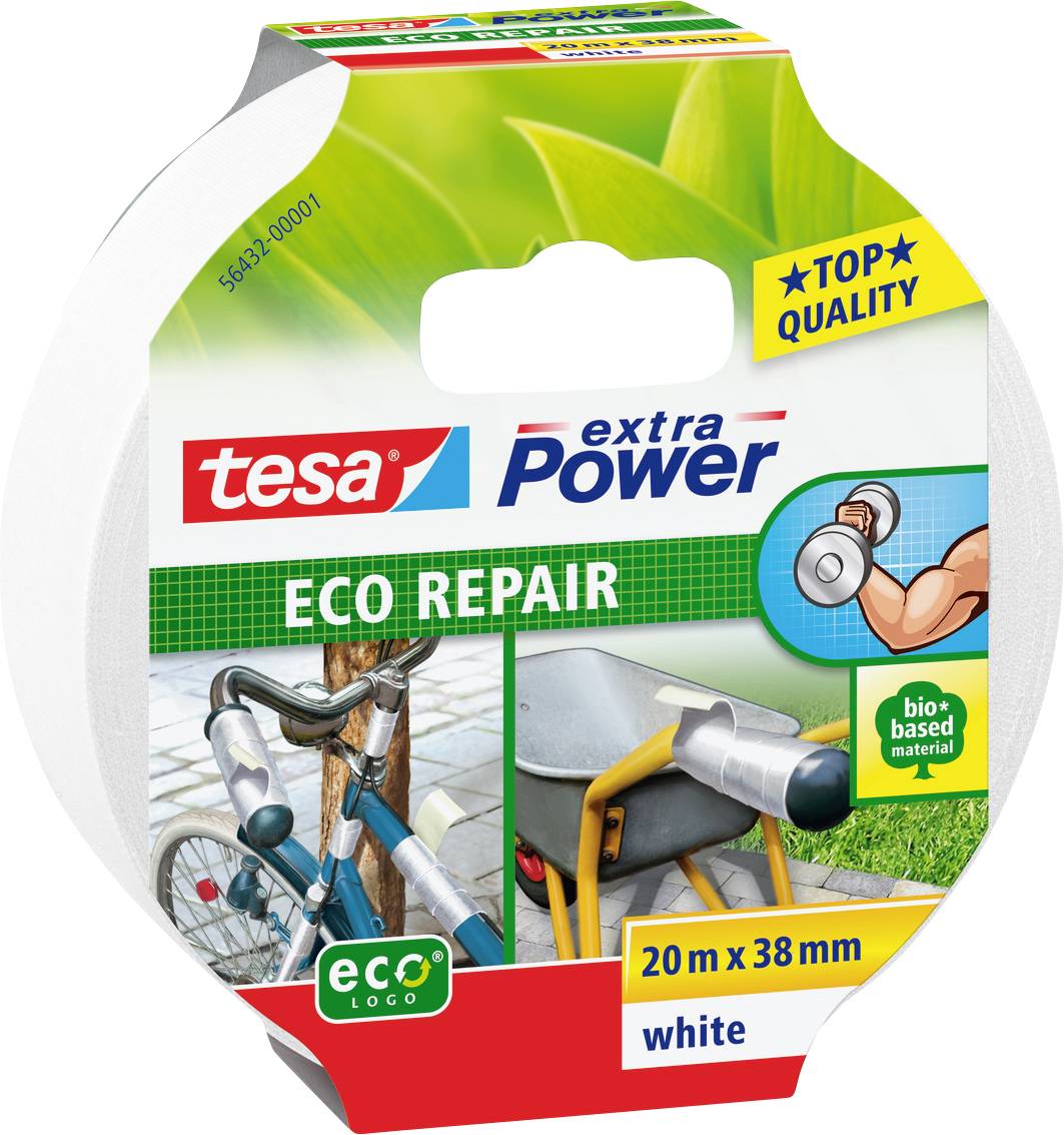 'Tesa extra Power Eco Repair' Klebeband Verpackung mit Bildern von reparierten Gegenständen, die den Einsatz für umweltfreundliche, vielseitige Reparaturen betonen.